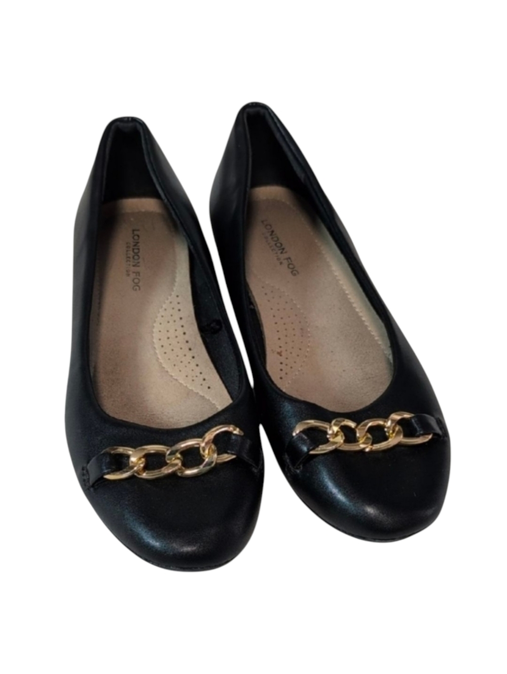 London Fog Bionda Black Flats with Chain Accent Size 7.5